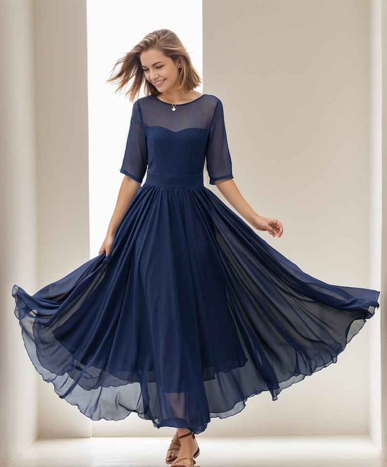 Maxi robe en mousseline de soie, robe ajustée et évasée en mousseline de soie, robe pour femme, robe d'été, robe évasée, robe de bal, robe de soirée, robe sur mesure, Xiaolizi5143 1-Dark blue