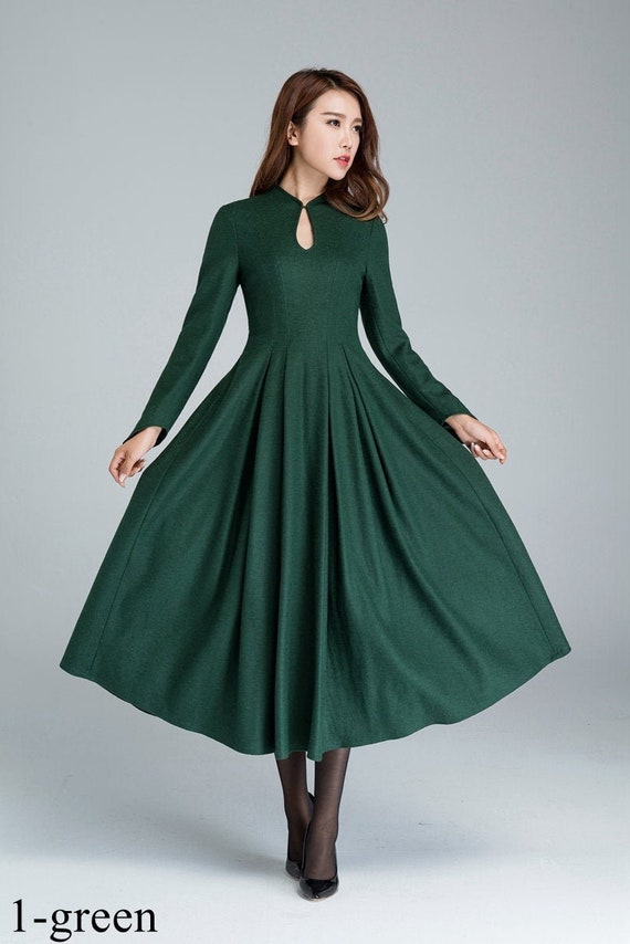 Vintage Inspired Winter Wool Dress Women, Mandarin Collar Wool