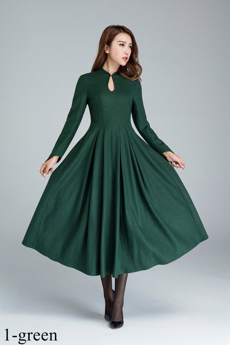 Vintage Inspired Winter Wool Dress Women, Mandarin Collar Wool Dress, A-Line Green Wool Dress, Retro Swing Long Dress, Xiaolizi 1621 1-green