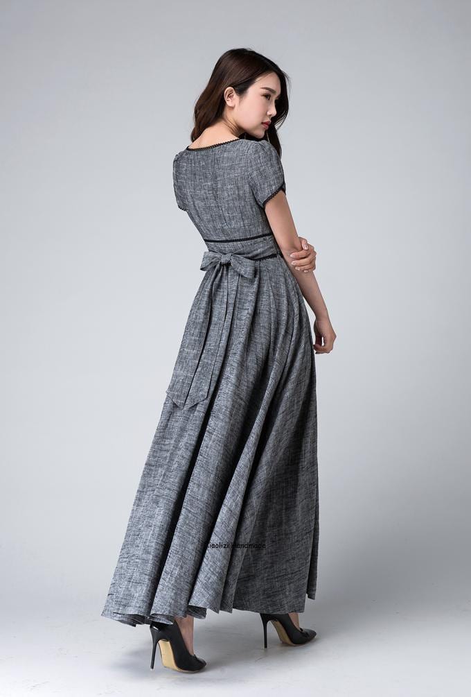 Retro Empire waist maxi dress, Linen dress, Bridesmaid dress, Floor length Gray dress, Custom made dress, prom dress long, Party dress 1492#