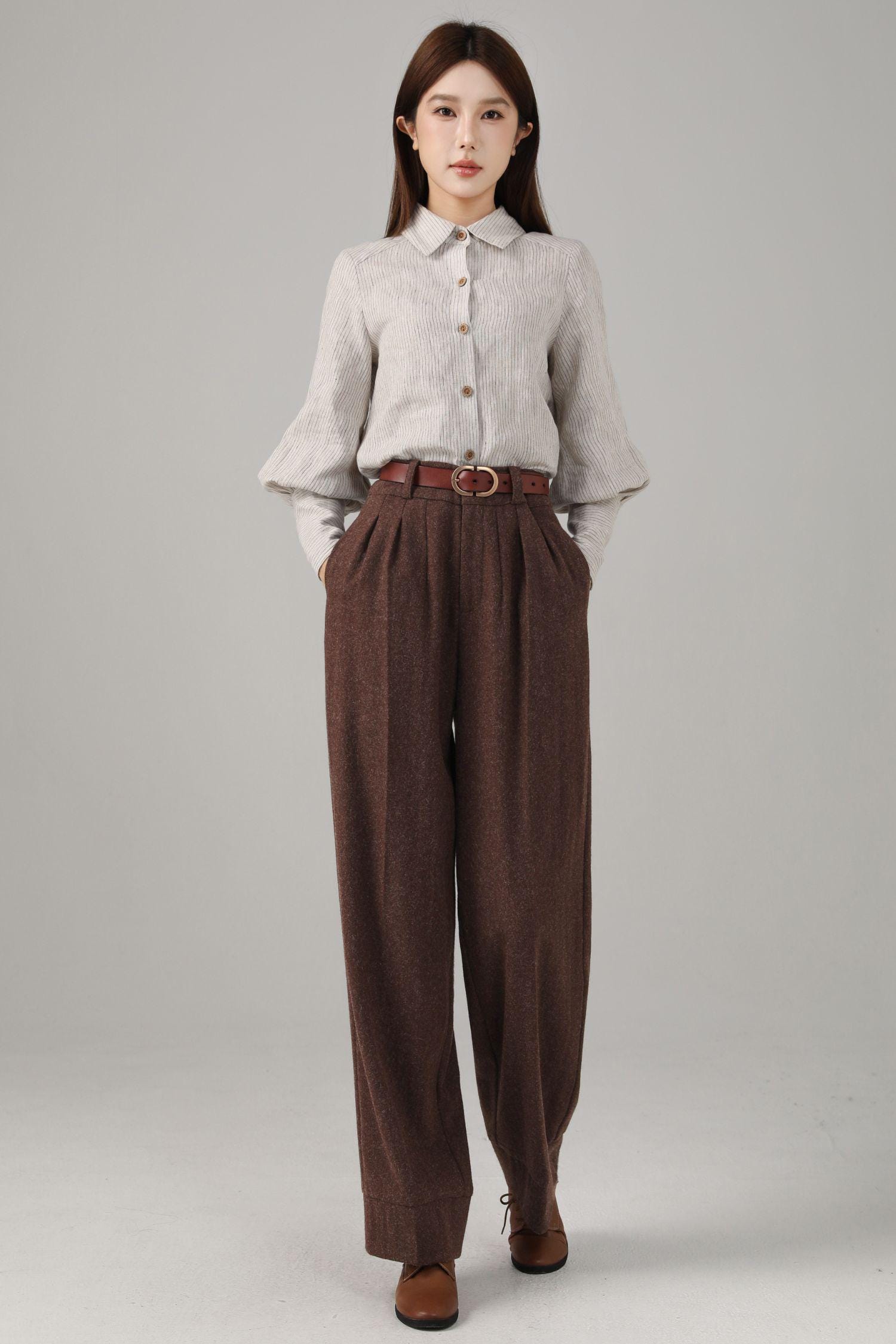 Brown Wool Blend Wide Leg Pants: High Waist Long Trousers, Custom  display picture 1