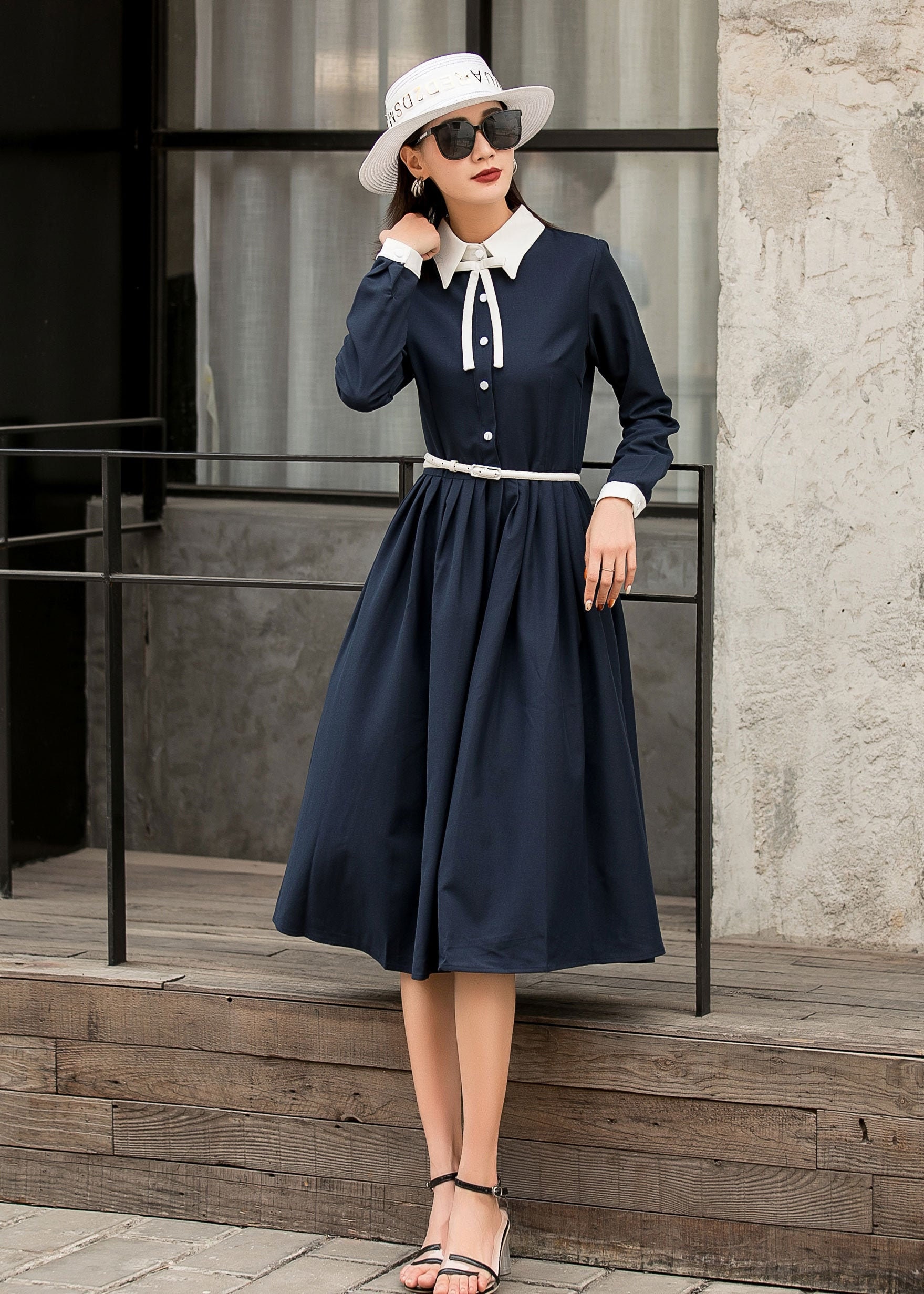 Button up Shirt Dress, Summer Fall Navy Formal Button up Midi