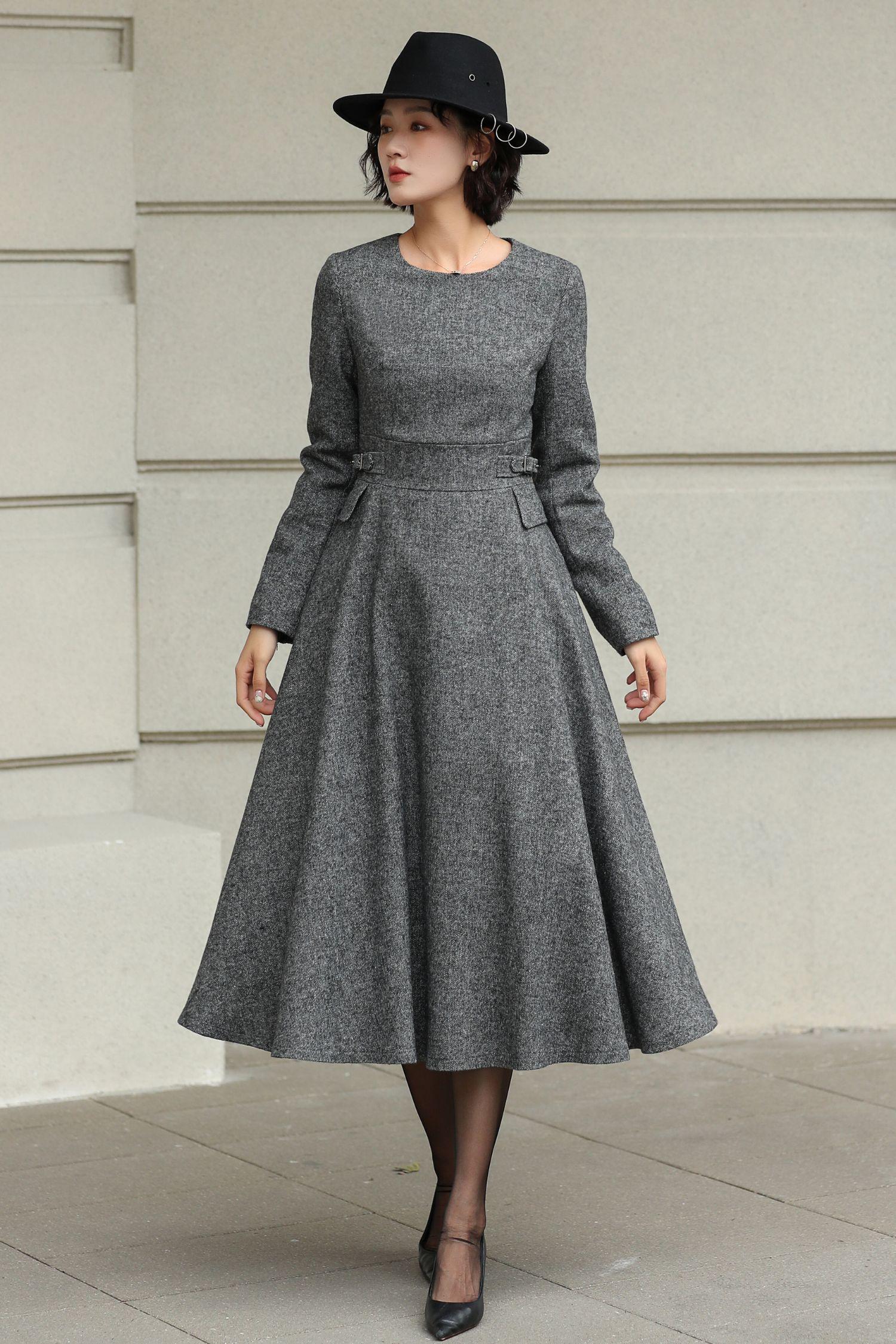 gray midi dress with sleeves XFLWAM Women's Long Sleeve Dresses Casual Bodycon Dress Crew Neck Ruched Midi Dress with Slit Gray S