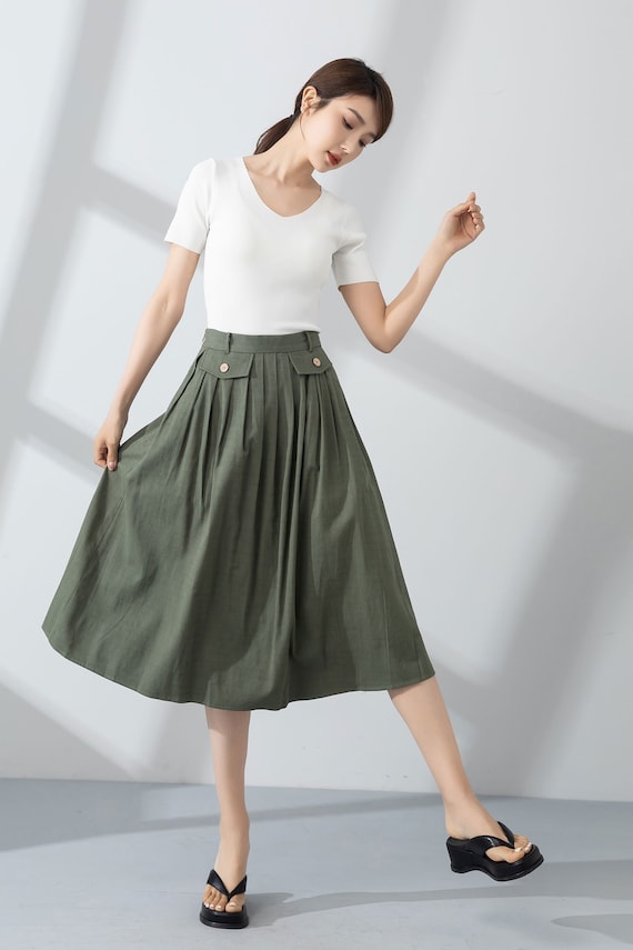 Green pleated linen skirt for women summer 4232 Green pleated linen skirt for women summer 4232