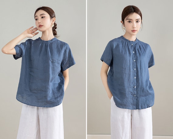 Blue Vintage Linen Tops Clothing, Retro Ruffle Crew Neck