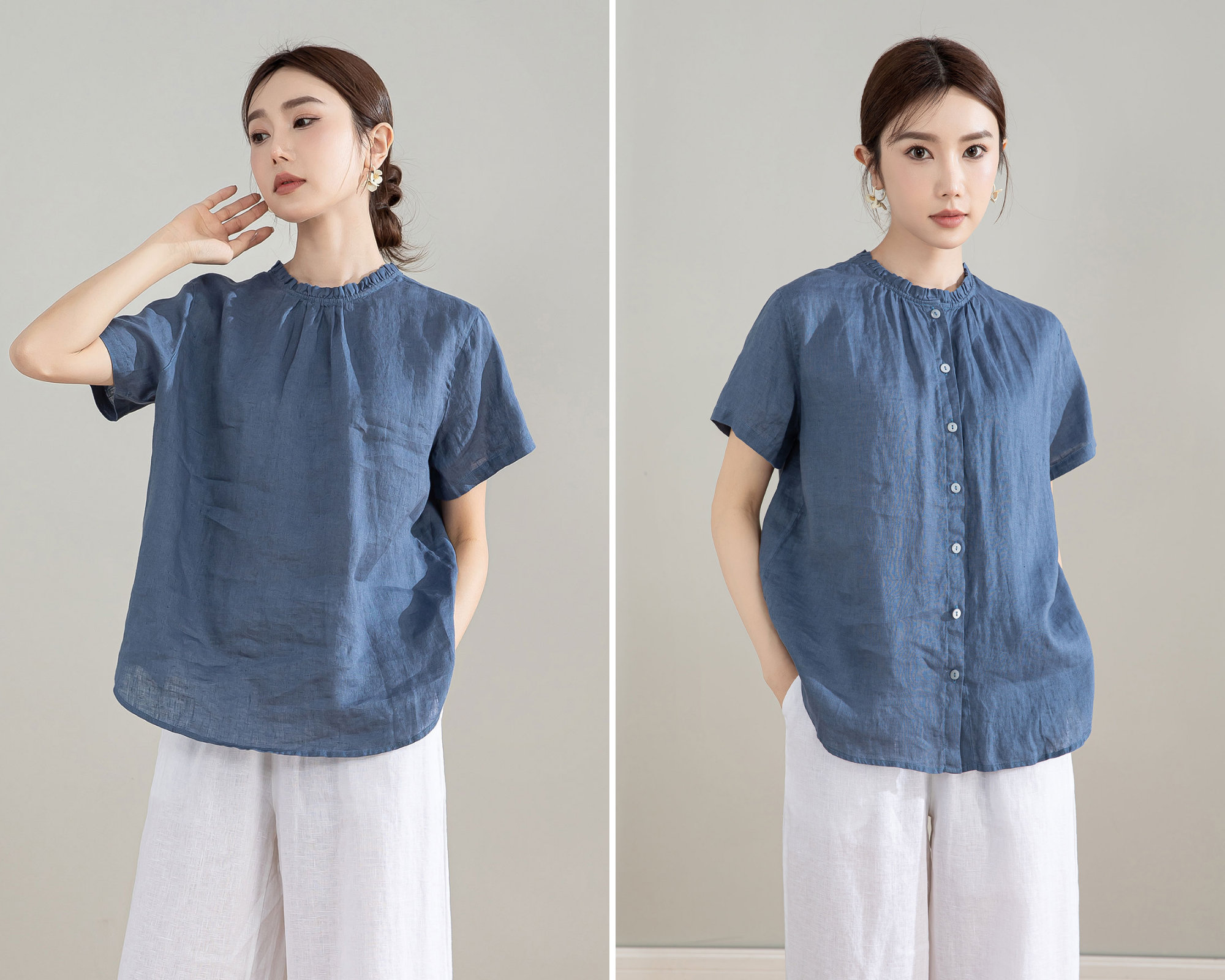 トップス Let LOOSE THOUGHTFUL LINEN SHIRT Blue Vintage Linen Tops Clothing, Retro Ruffle Crew Neck