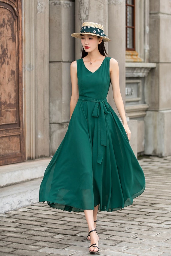 Green Chiffon Dress Boho Beach Chiffon Midi Dress V Neck - Etsy