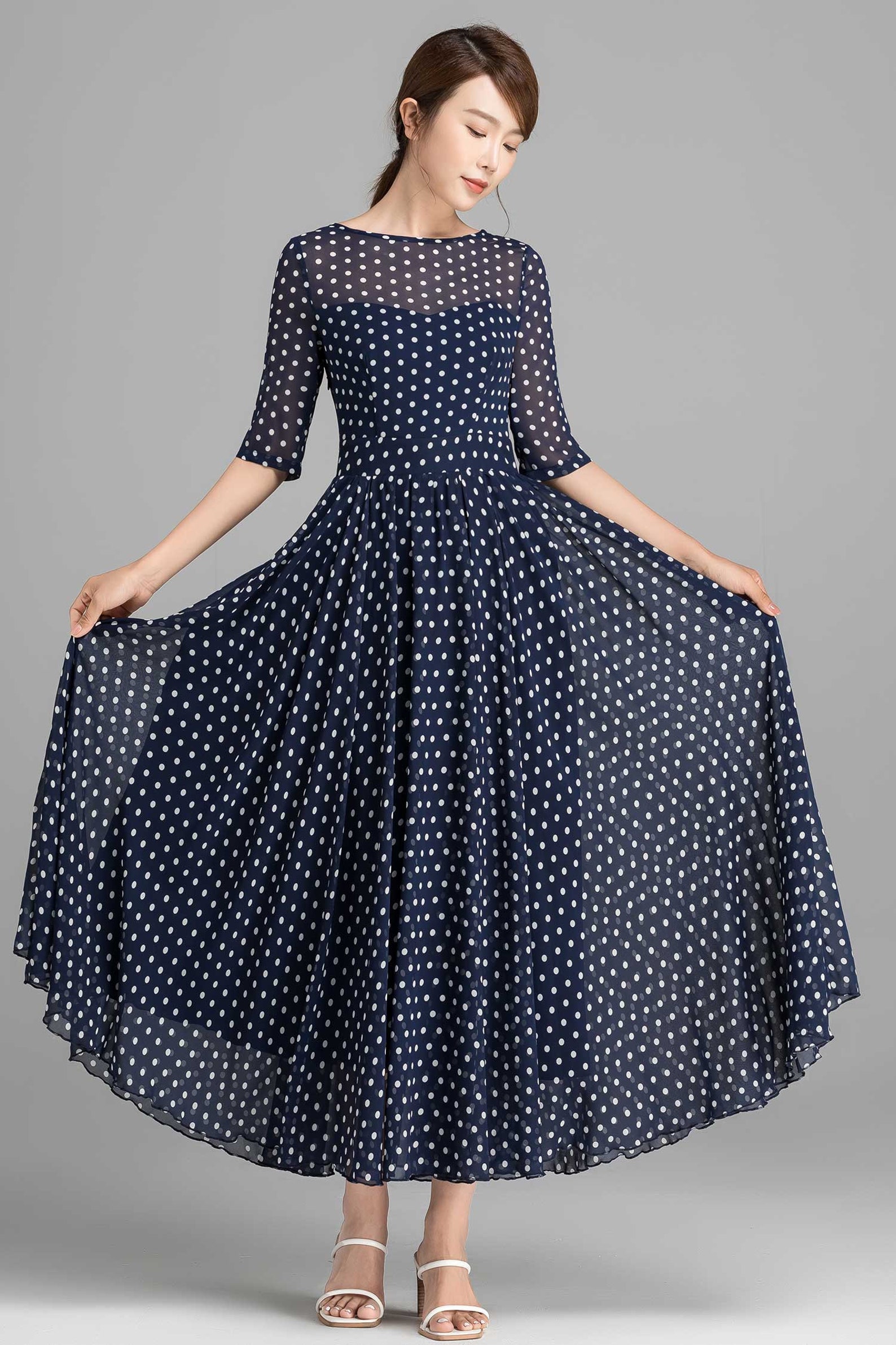 Blue and White Polka Dot Maxi Dress Fit and Flare Chiffon | Etsy