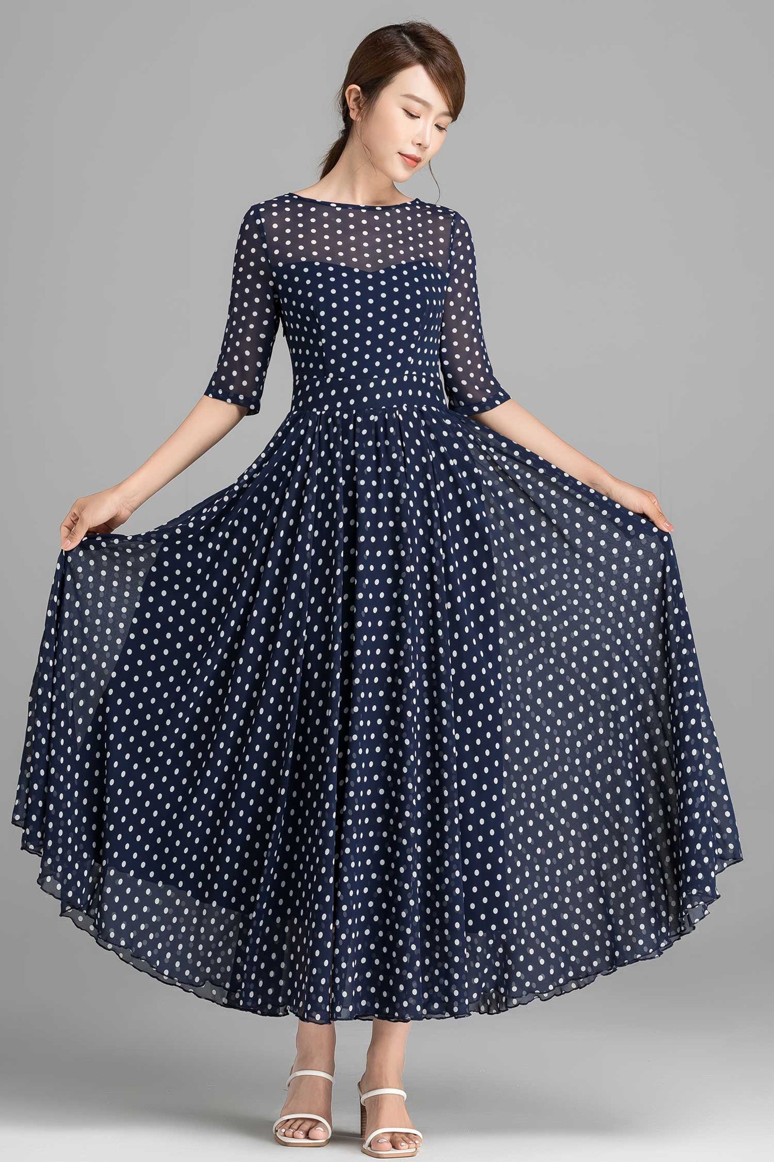 Blue And White Polka Dot Maxi Dress Fit And Flare Chiffon Etsy