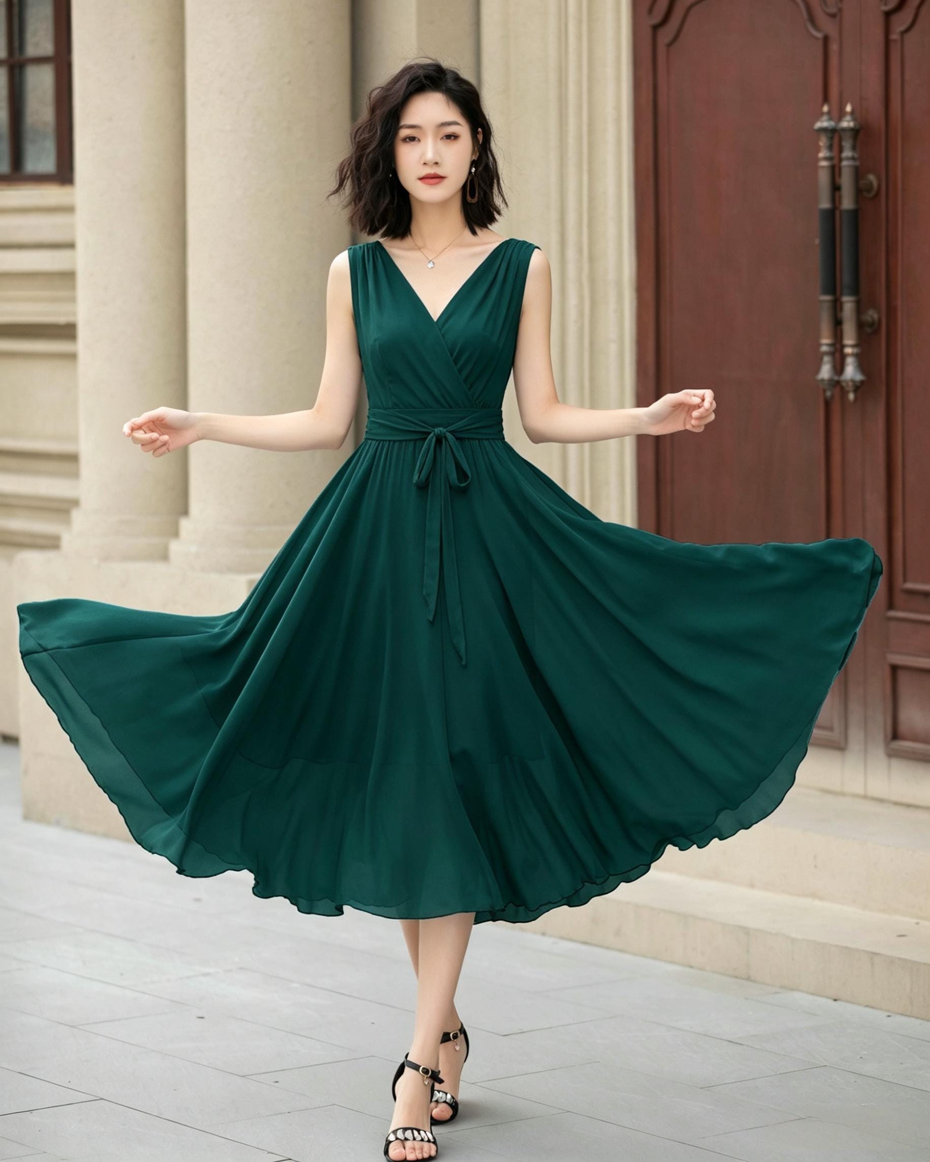 Dark Green Chiffon Midi Dress