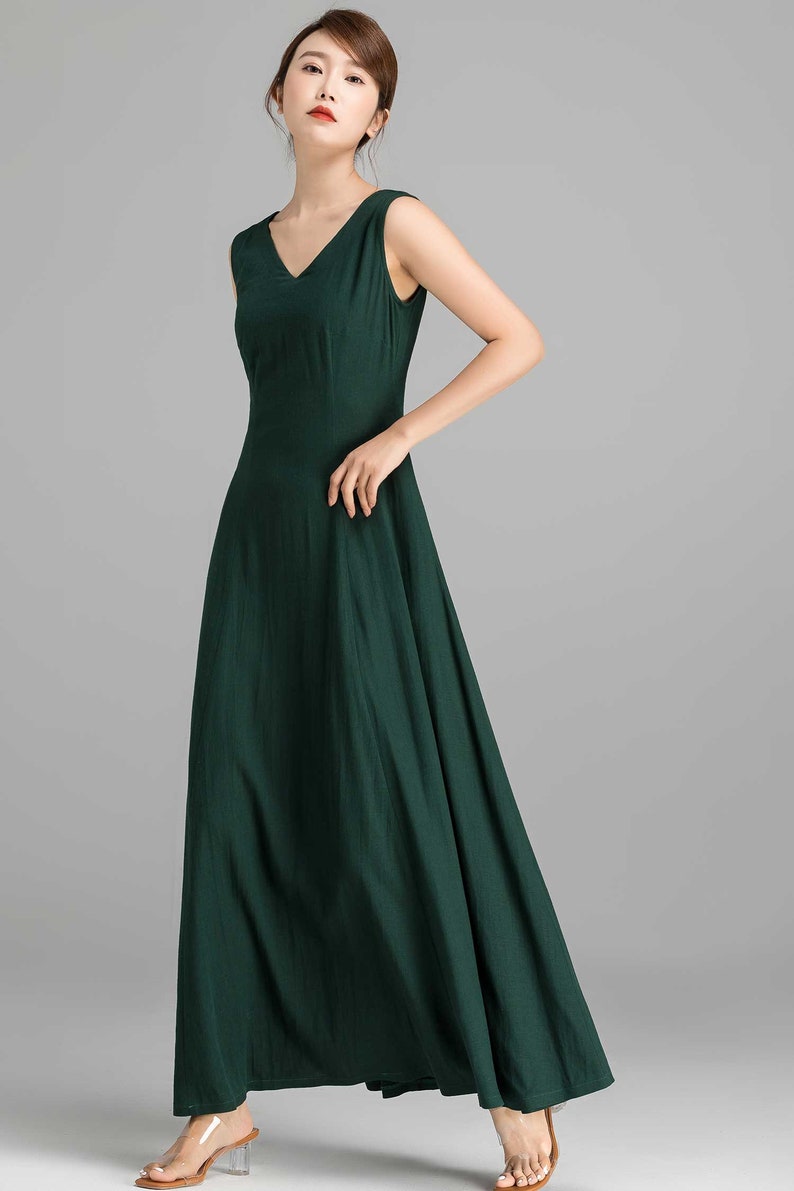 A Line party dress Sleeveless Prom dress Maxi dress House dress 2361# Green dress Casual dress Linen dress Women dress Summer dress