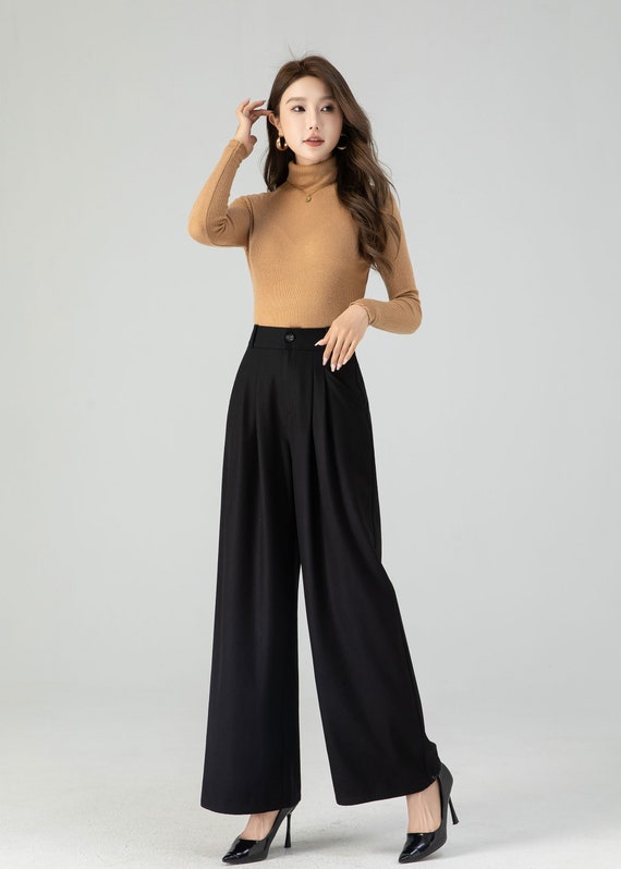 Black wide leg long wool pants women 4555 Black wide leg long wool pants women 4555