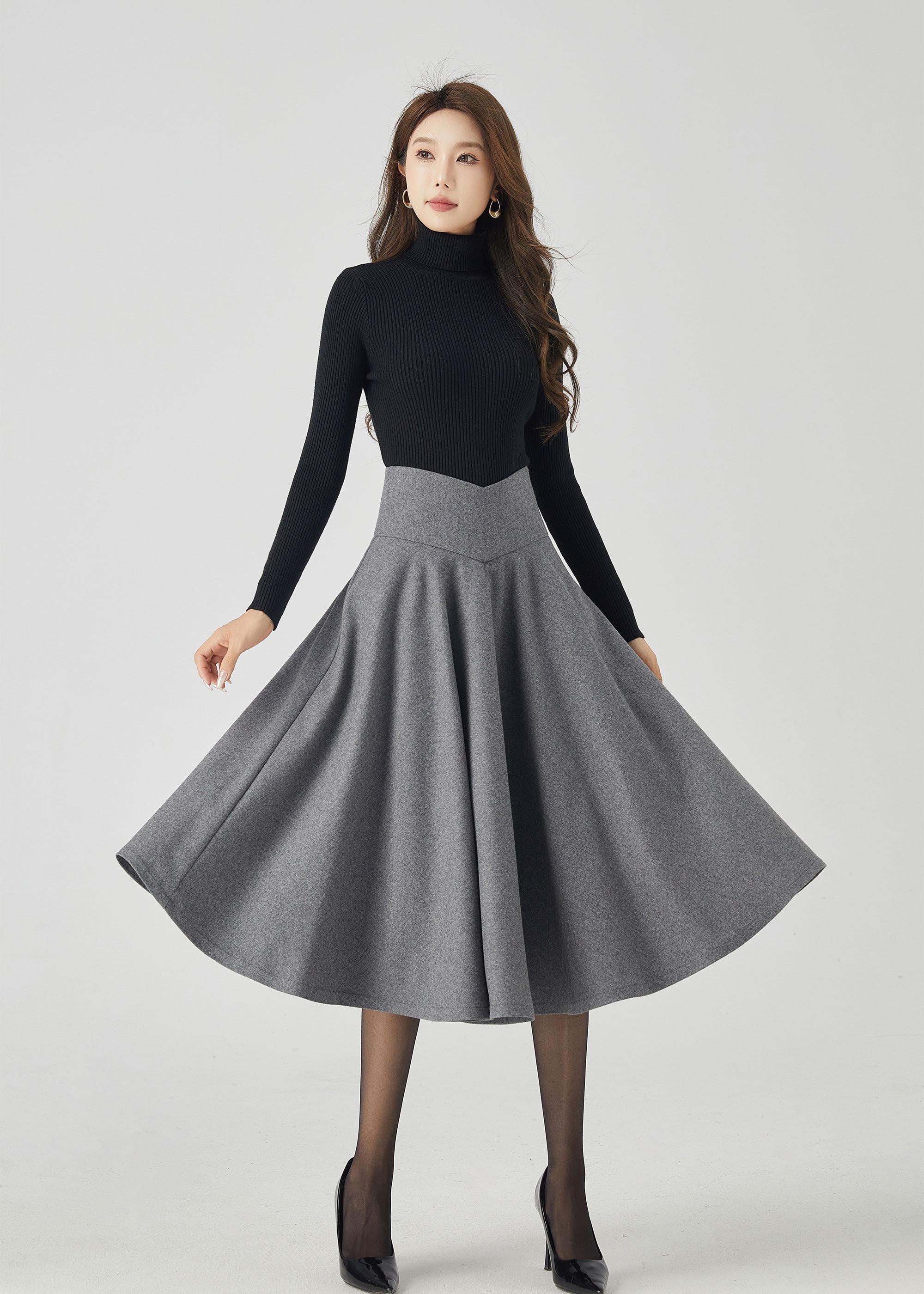 【WOOHWA】CLASSIC WOOL MIDI SK Wool Skirt, Long Wool Skirt, Wool Circle Skirt, Vintage
