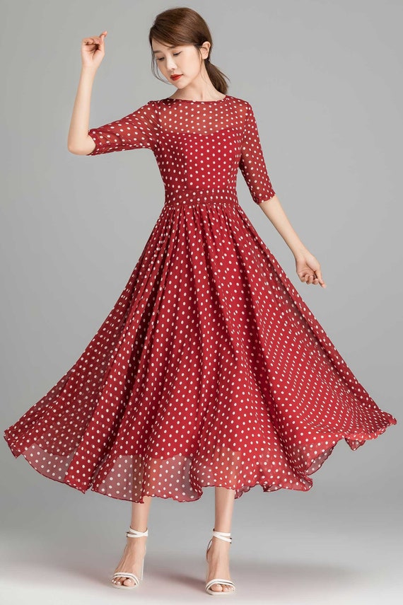 Polka Dot Maxi dress Fit and Flare Chiffon dress Red dress | Etsy