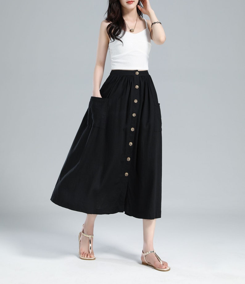 Elastic Waist Button Front Linen Midi Skirt Pleated Swing - Etsy