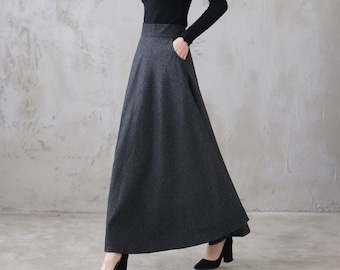 Wool skirt, Long Maxi Plaid Wool Skirt, Winter wool Skirt with Pocket, High Waist Flared Skirt, Ankle Length Full Skirt Xiaolizi 3120