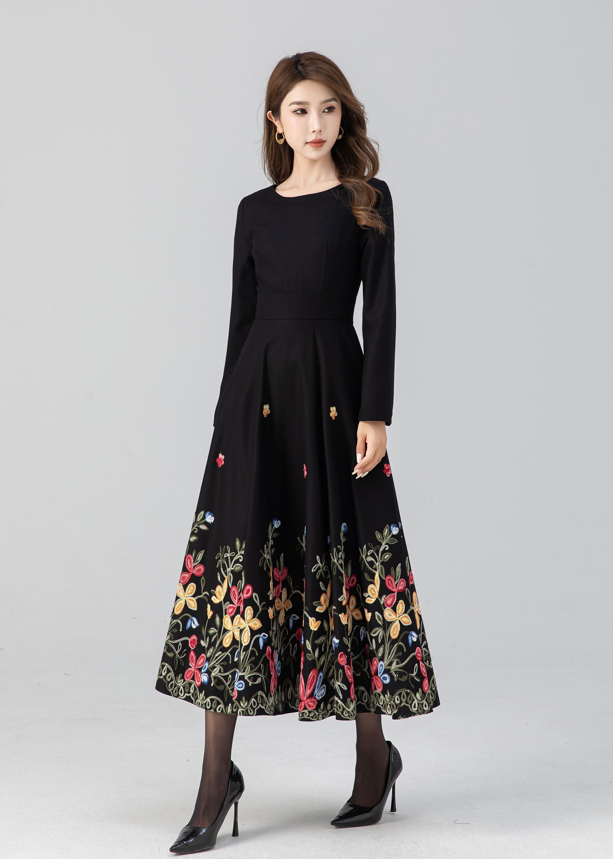 Midi Wool Dress, Black Embroidered Dress, Long Sleeve Wool