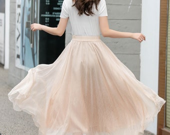【BAON】Kyui Check Peach Fuzz Banding Long Skirt Chiffon Skirt, Boho Chiffon Wrap Skirt, Summer Swing Chiffon