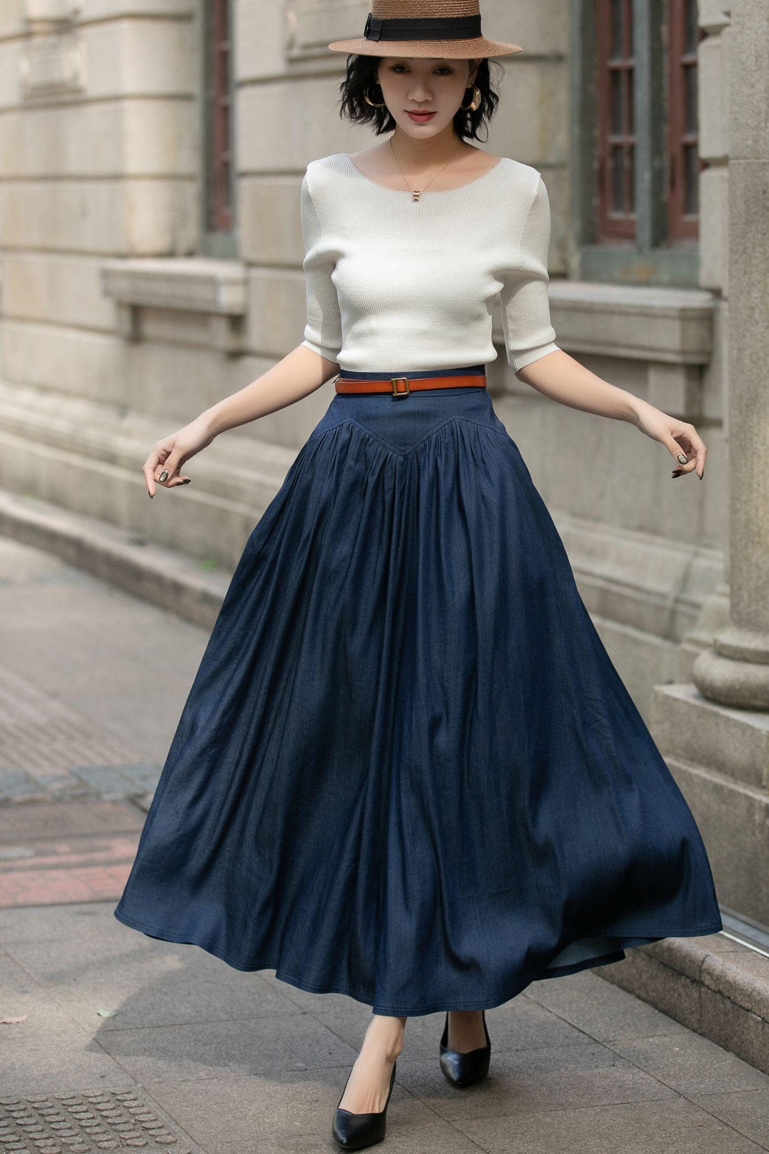 Women's Drawstring Maxi Skirt - High Waist, Ankle Length With Pockets (Blue, Large) - View #10