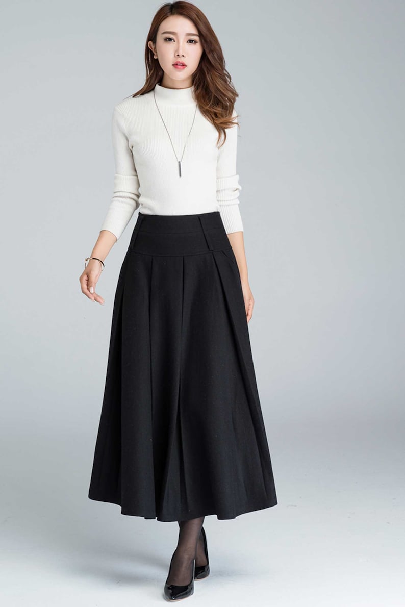 Black skirt, wool skirt, maxi skirt, skirt with pockets, womens skirts, winter skirt, pleated skirt, high waisted skirt, made to order 1631# image 6