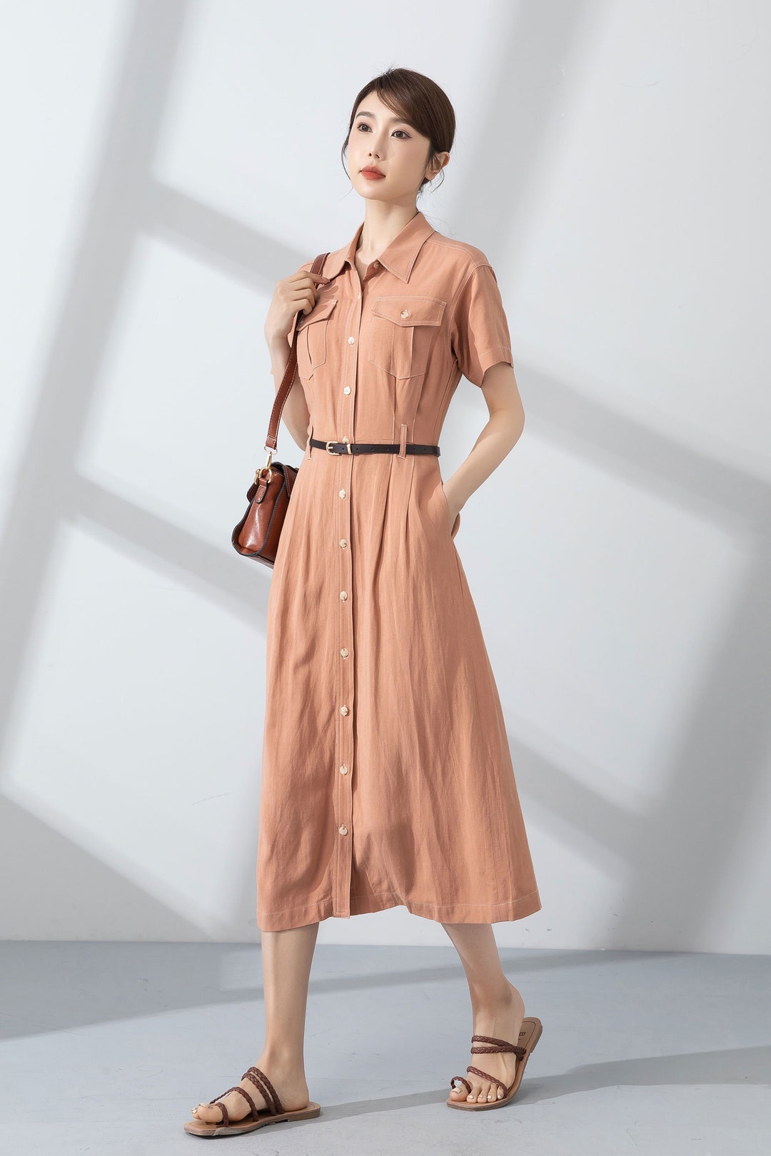 Long Linen Shirt Dress Midi Linen Dress Short Sleeve Linen Etsy