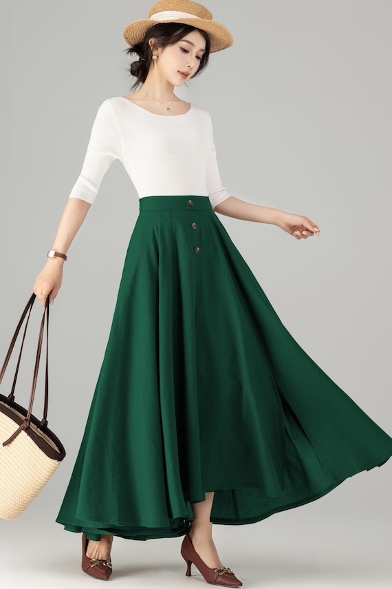Ladies High-waisted Long Linen Skirt With Side Slit, Green Flared