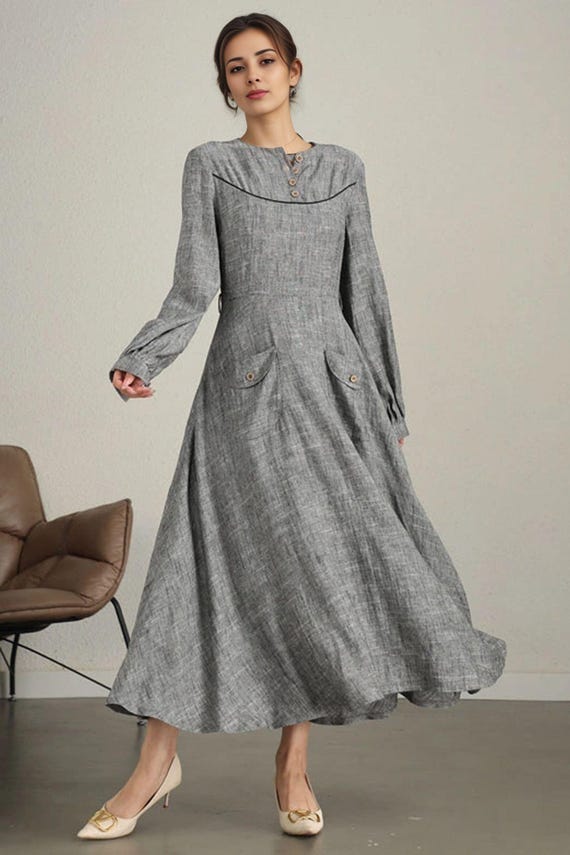 grey maxi dress with pockets Linen Cotton - Long Sleeve A-Line rtw 2025 02 spring 1