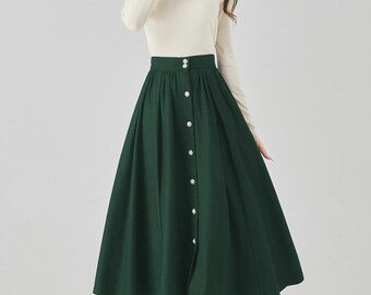 ◆Loulouseoul◆ Joy Wool Check Midi Skirt Green S12831 Womens Midi Green Wool Skirt, Winter Skirt, Button Down