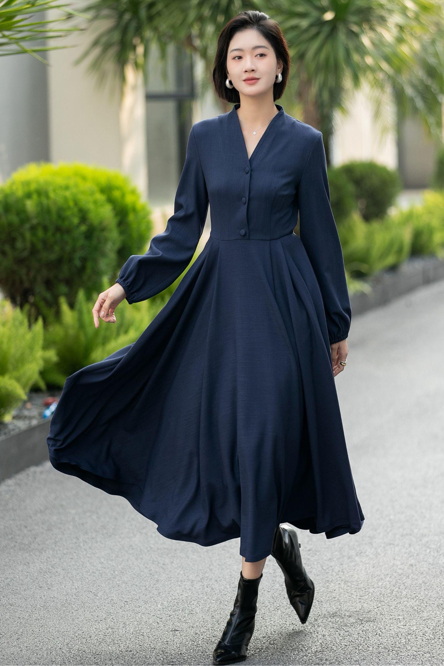 Linen Shirt Dress  Vintage Belted Swing Midi | Xiaolizi Navy / XS