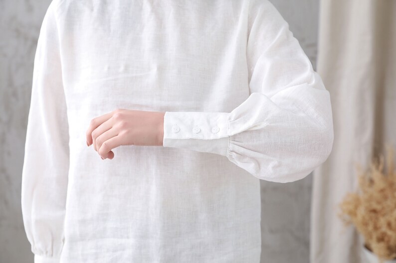 Women's white Linen Blouse, Plus Size Blouse, Minimalist Blouse, Long Sleeve Linen Blouse, Spring Summer Blouse, Custom Tops, Xiaolizi 3344 image 7