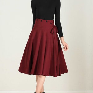 High Waisted Skater Skirt in Red, Wool Skirt, Wide Waistband Midi Skirt ...