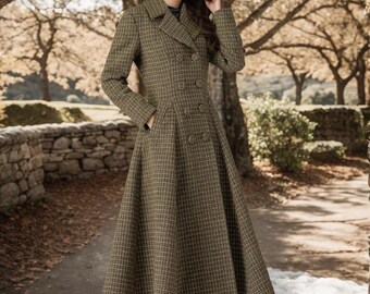 Plaid Long Wool Coat, Vintage Inspired Wool Coat, Winter Plaid Long Wool Coat, Vintage Inspired Wool Coat, Winter