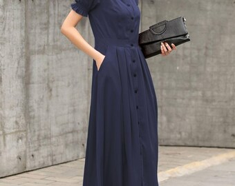 Navy Blue maxi shirt dress, Womens long swing dress, A line Modest dress with pockets, Custom Fall Puff sleeve Work dress, Xiaolizi 5882# Navy Blue maxi shirt dress, Womens long swing dress, A line Modest dress with pockets, Custom Fall Puff sleeve Work dress, Xiaolizi 5882#