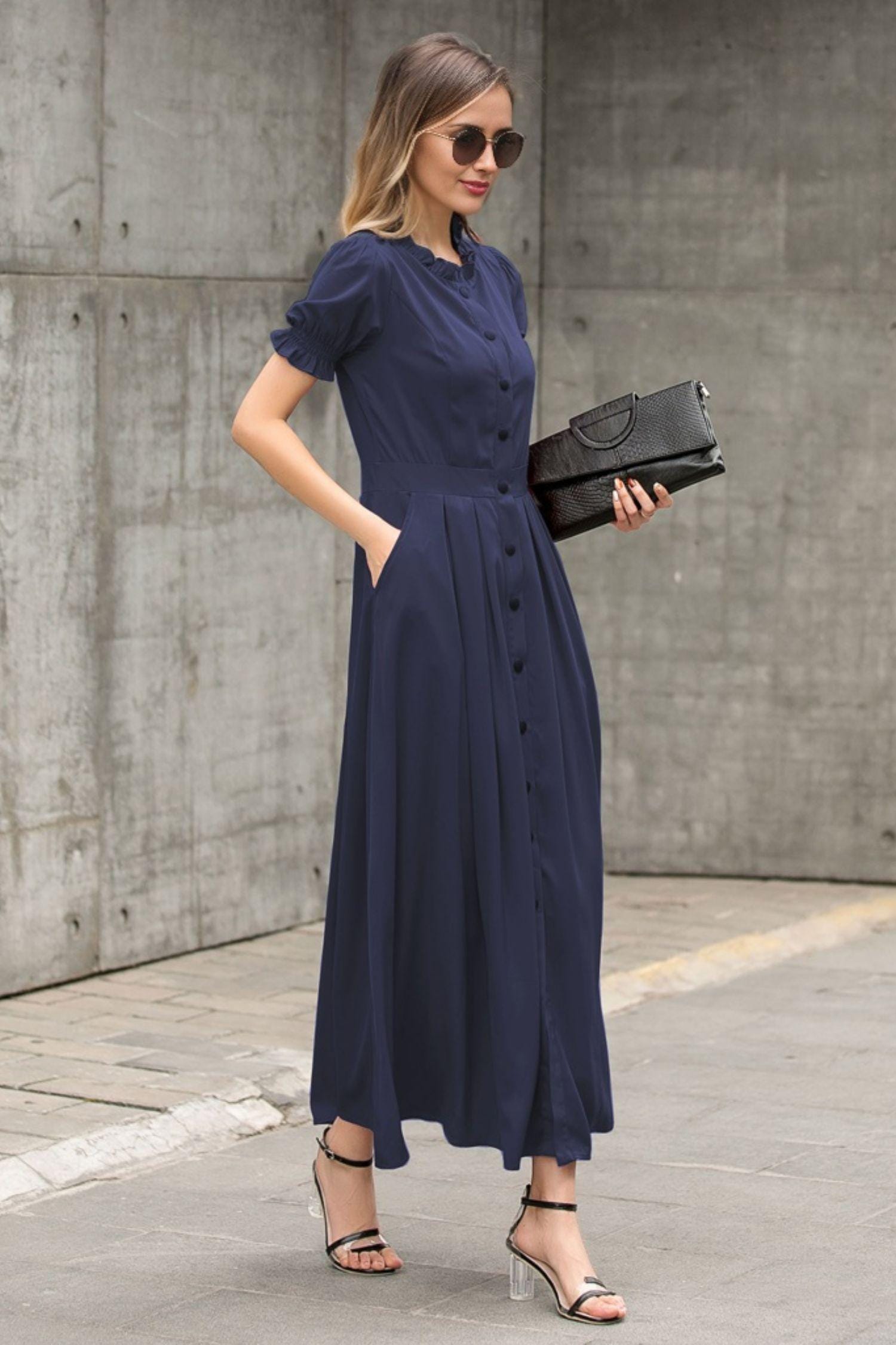 navy shirt dress maxi ASOS DESIGN maxi shirt dress with cinched waist detail in navy