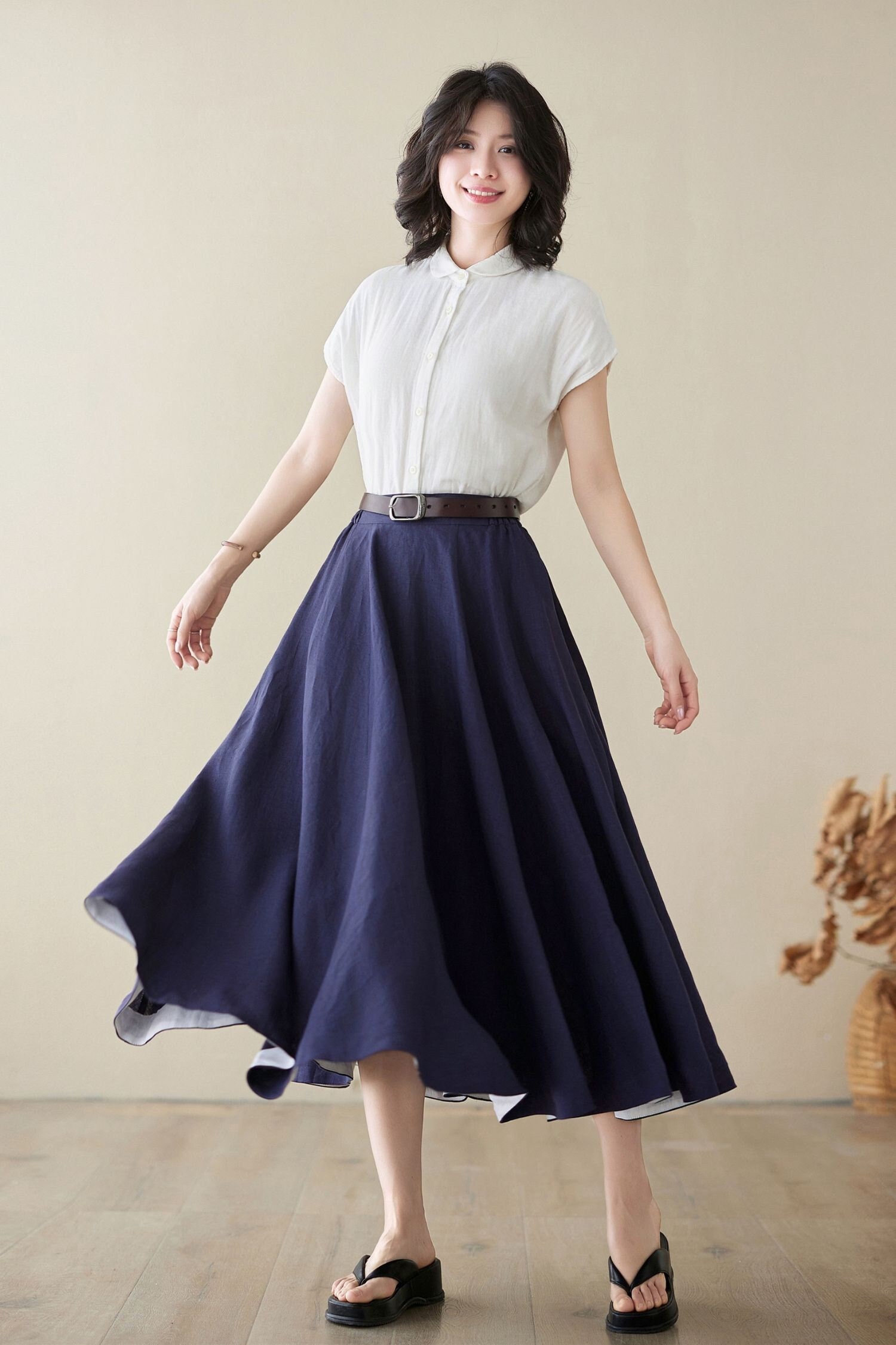 A line navy blue swing midi linen skirt 4971 A line navy blue swing midi linen skirt 4971