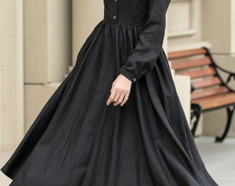 Black Linen Dress, Midi Dress Women, Swing Shirt Dress, Button up Dress,  Pleated Dress, Spring Linen Dress, Custom Dress, Xiaolizi 4951 - Etsy