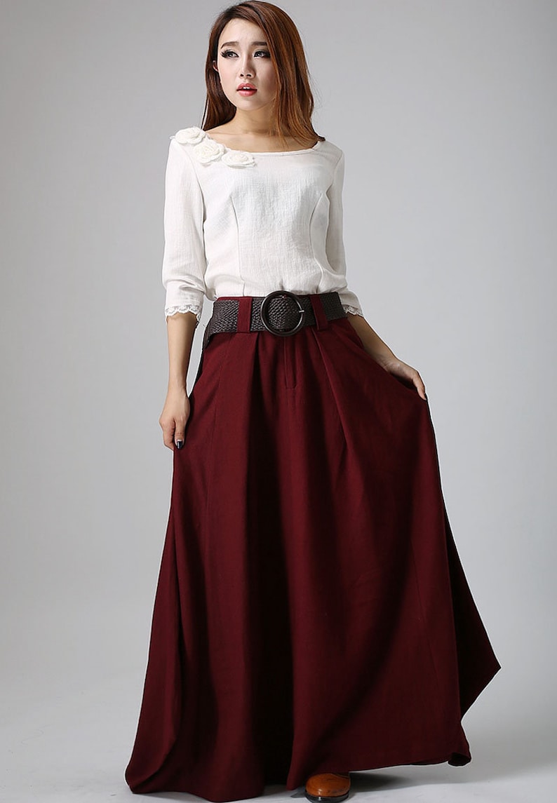 Burgundy skirt, linen skirt, maxi linen skirt, Asymmetrical skirt, women linen skirt, linen skirt pockets, women linen clothing 0910 image 8