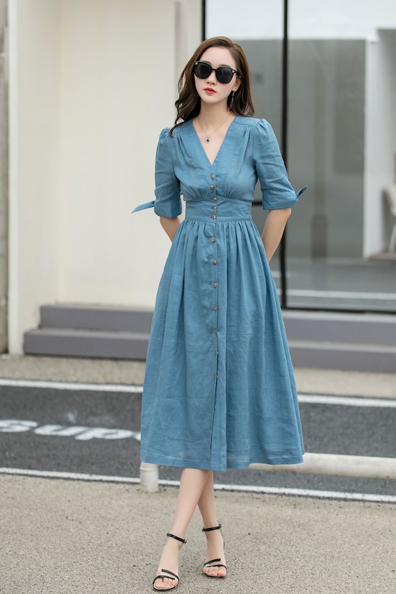 Women's summer Deep V- neck button down Linen midi dress 4265 Women's summer Deep V- neck button down Linen midi dress 4265