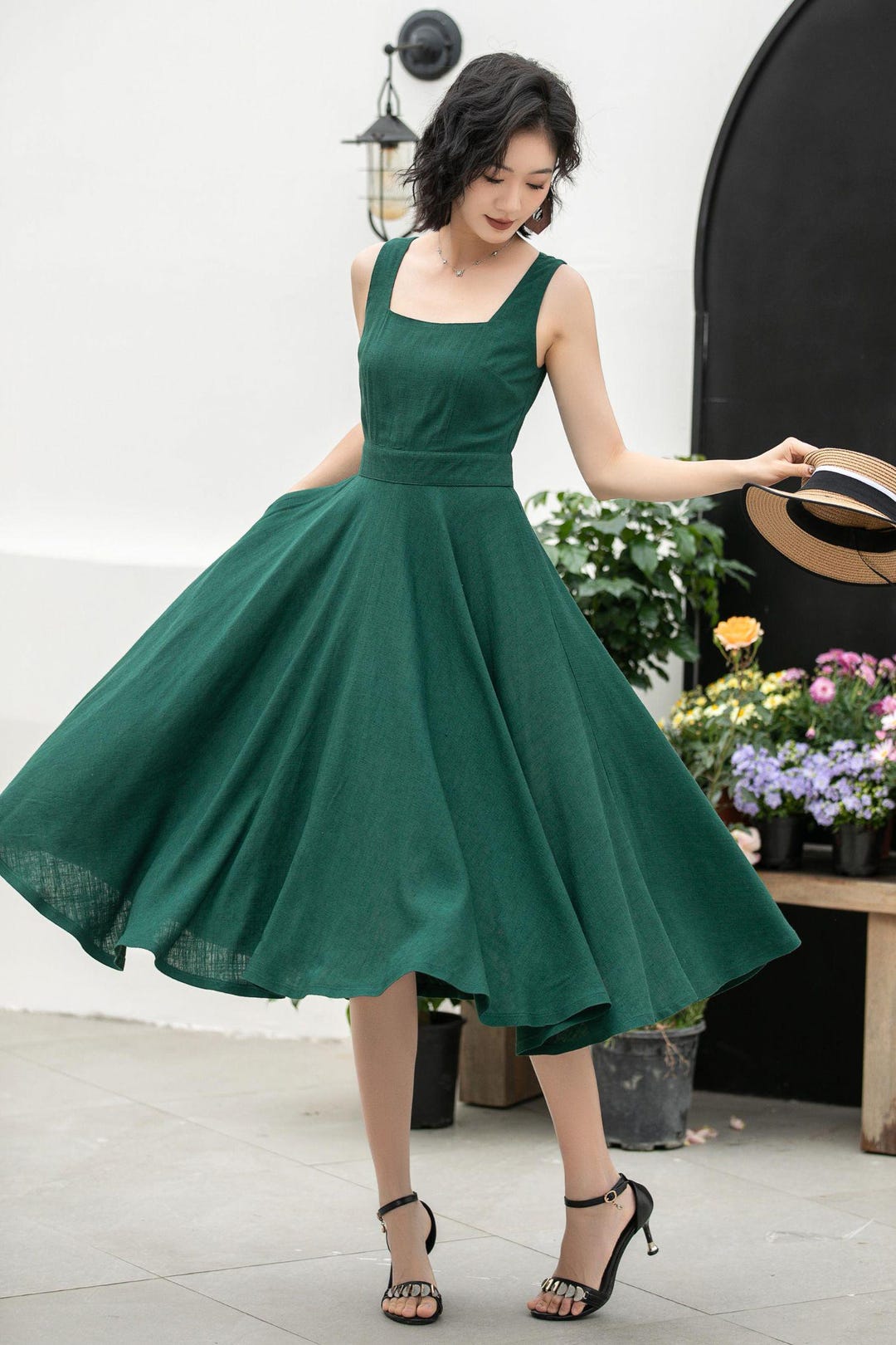 pine green dresses Pine Green Cotton Linen V-Neck Knee Length Blouson Dress 50