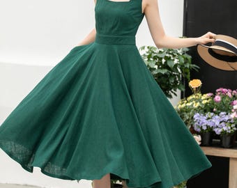 Pinafore Dress, Stylish Deep Green A-Line Linen Suspender Dress with Square Neckline – Perfect for Casual Outings, Garden Parties 5860#