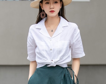 White Linen Shirt, Linen Tops for Women, Linen Button Down Shirt, Linen Shirt Women, Casual Womens Blouses, Linen blouse, Xiaolizi 4275#