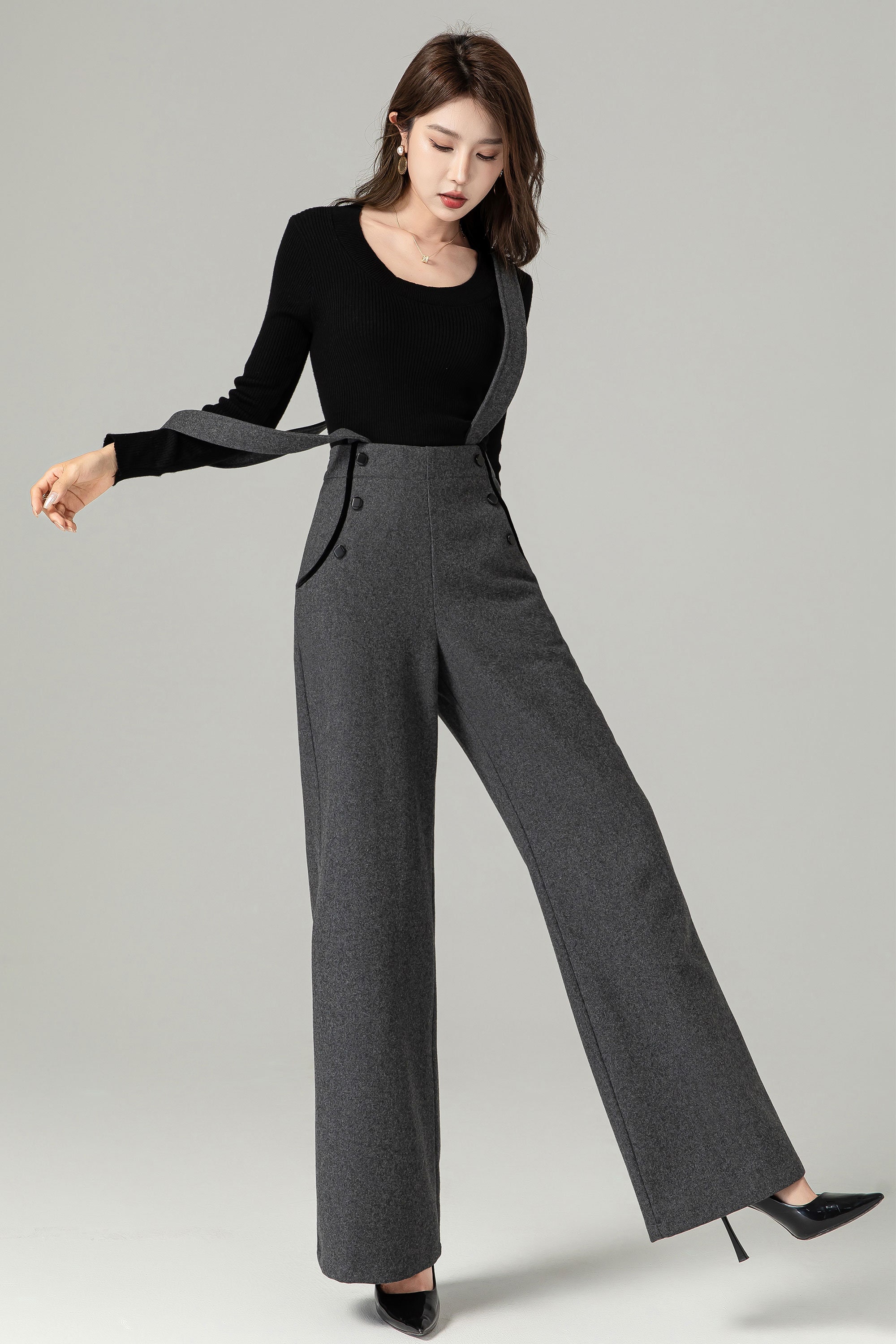 Gray Wool Suspender Pants: High Waist Straight Leg Trousers