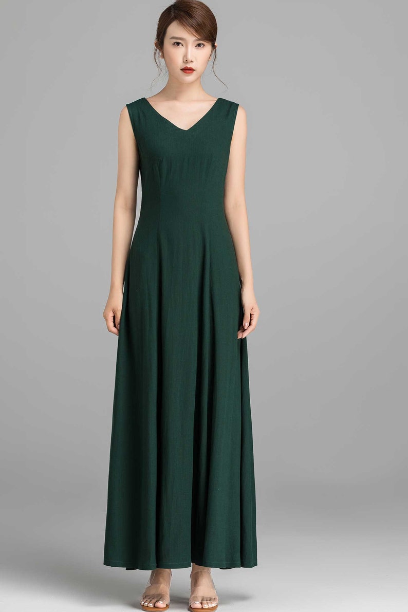 A Line party dress Sleeveless Prom dress Maxi dress House dress 2361# Green dress Casual dress Linen dress Women dress Summer dress
