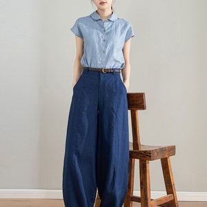 women‘s Linen baggy pants, Washed linen pants, Long linen pants, Summer pants, Loose Fitting Pants, Casual pant 0986 9 Blue