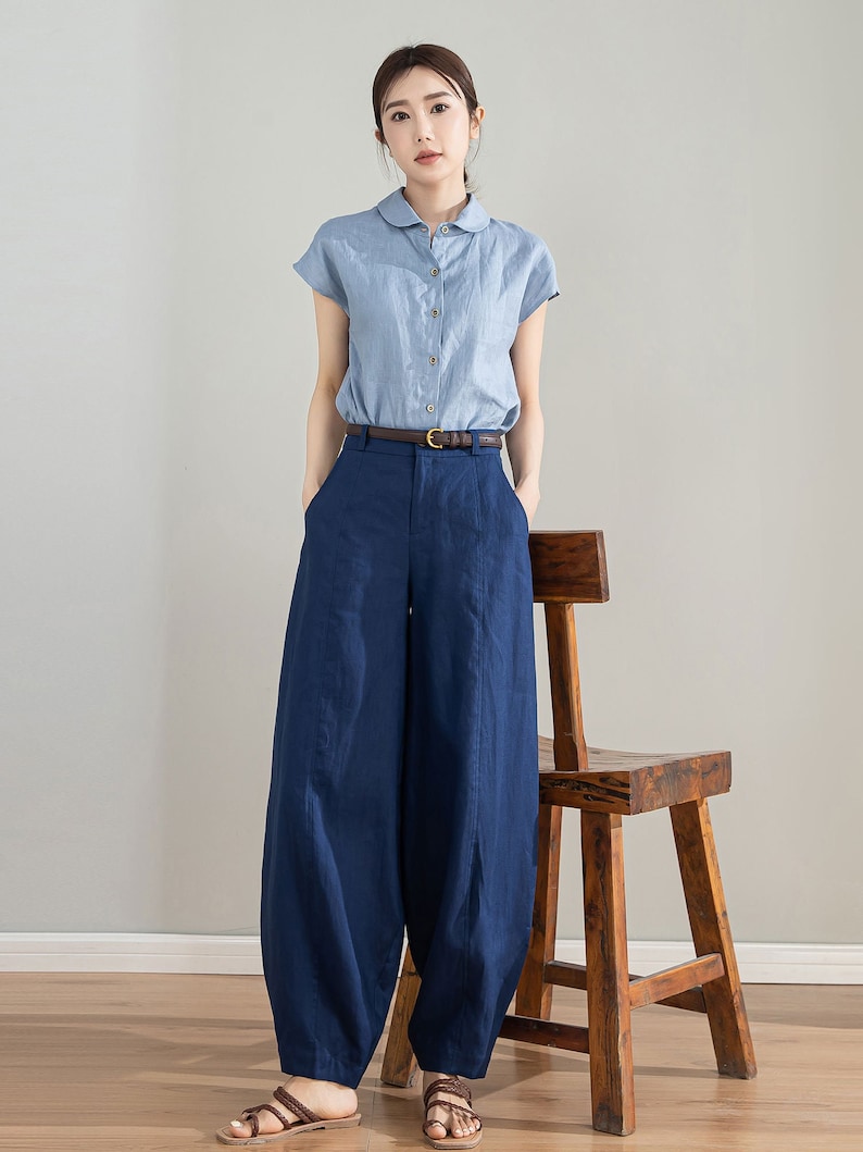 womens Linen baggy pants, Washed linen pants, Long linen pants, Summer pants, Loose Fitting Pants, Casual pant 0986 9 Blue