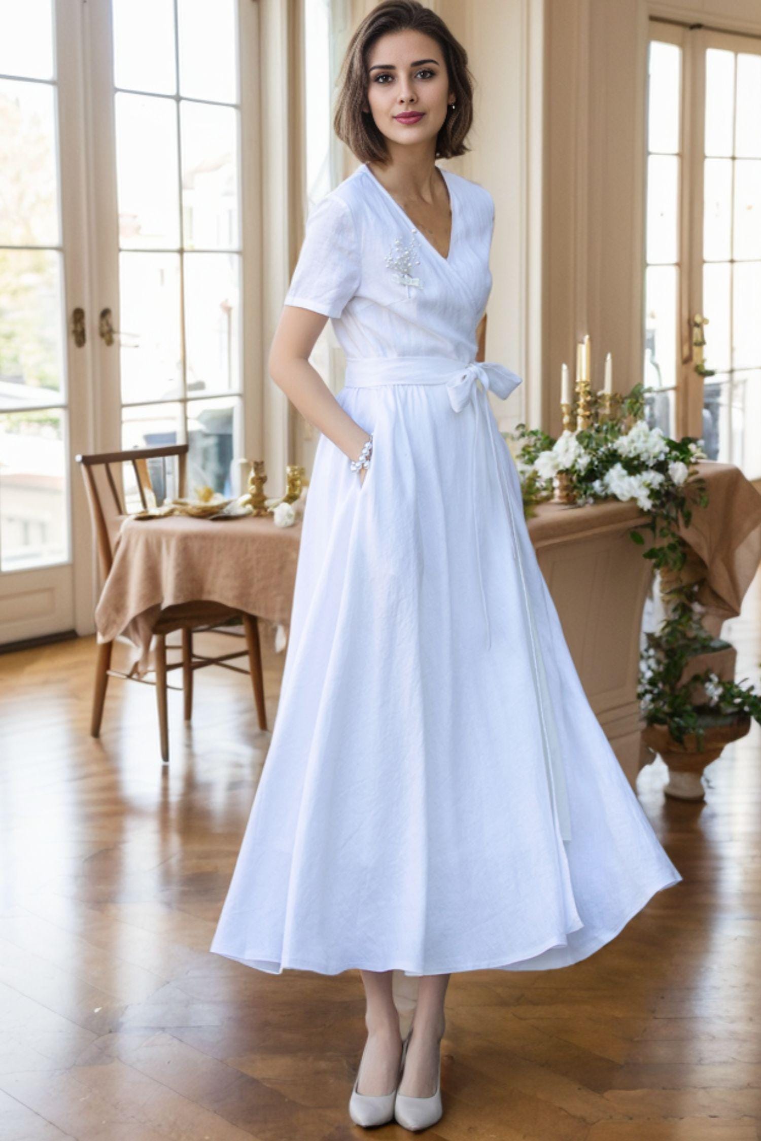 Linen Dress, Wrap Linen Dress, Wedding Dress, Linen Maxi