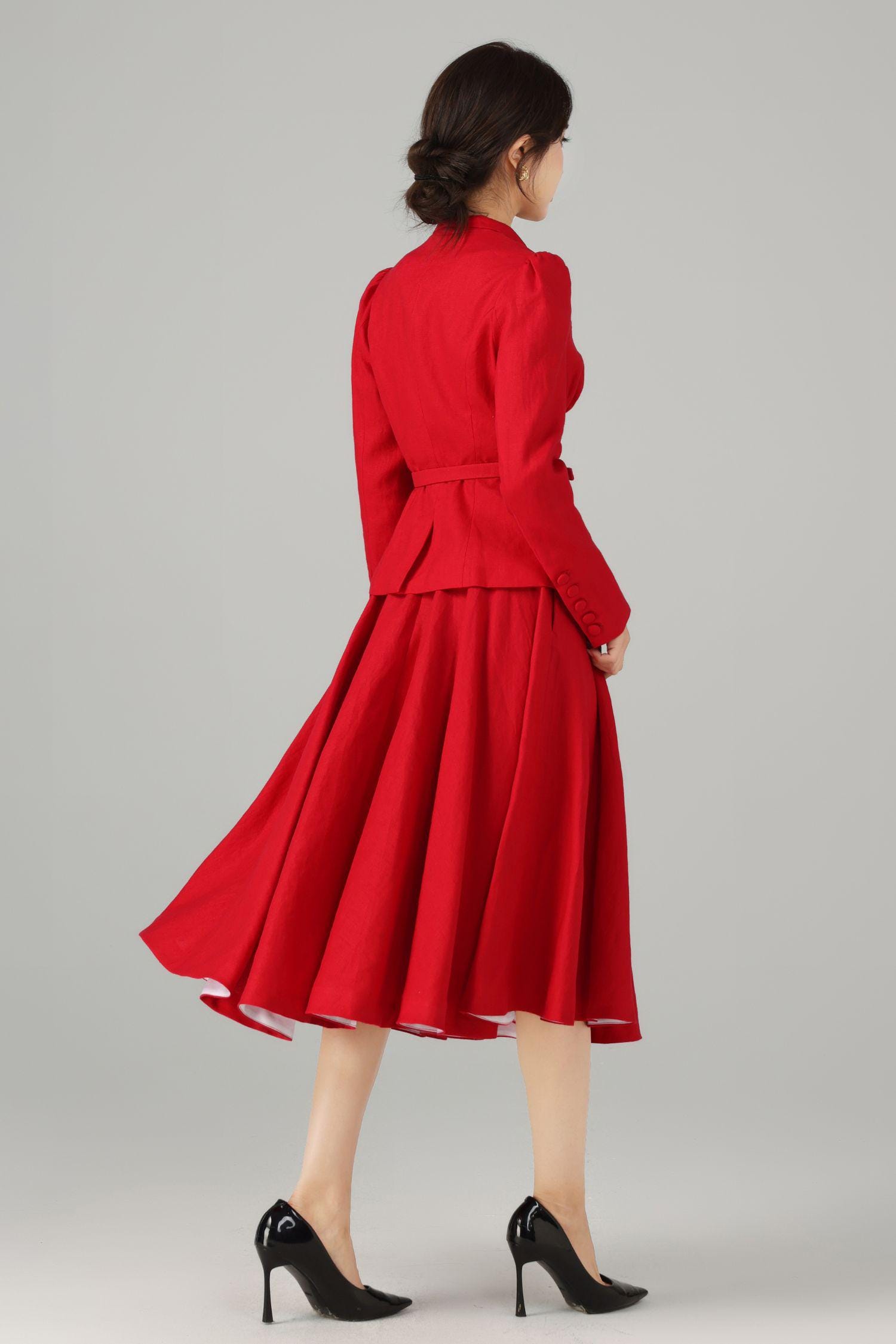 Red Linen Two-Piece Set – Vintage Tailored Blazer & Midi Skirt 5759 Red Linen Two-Piece Set – Vintage Tailored Blazer & Midi Skirt 5759