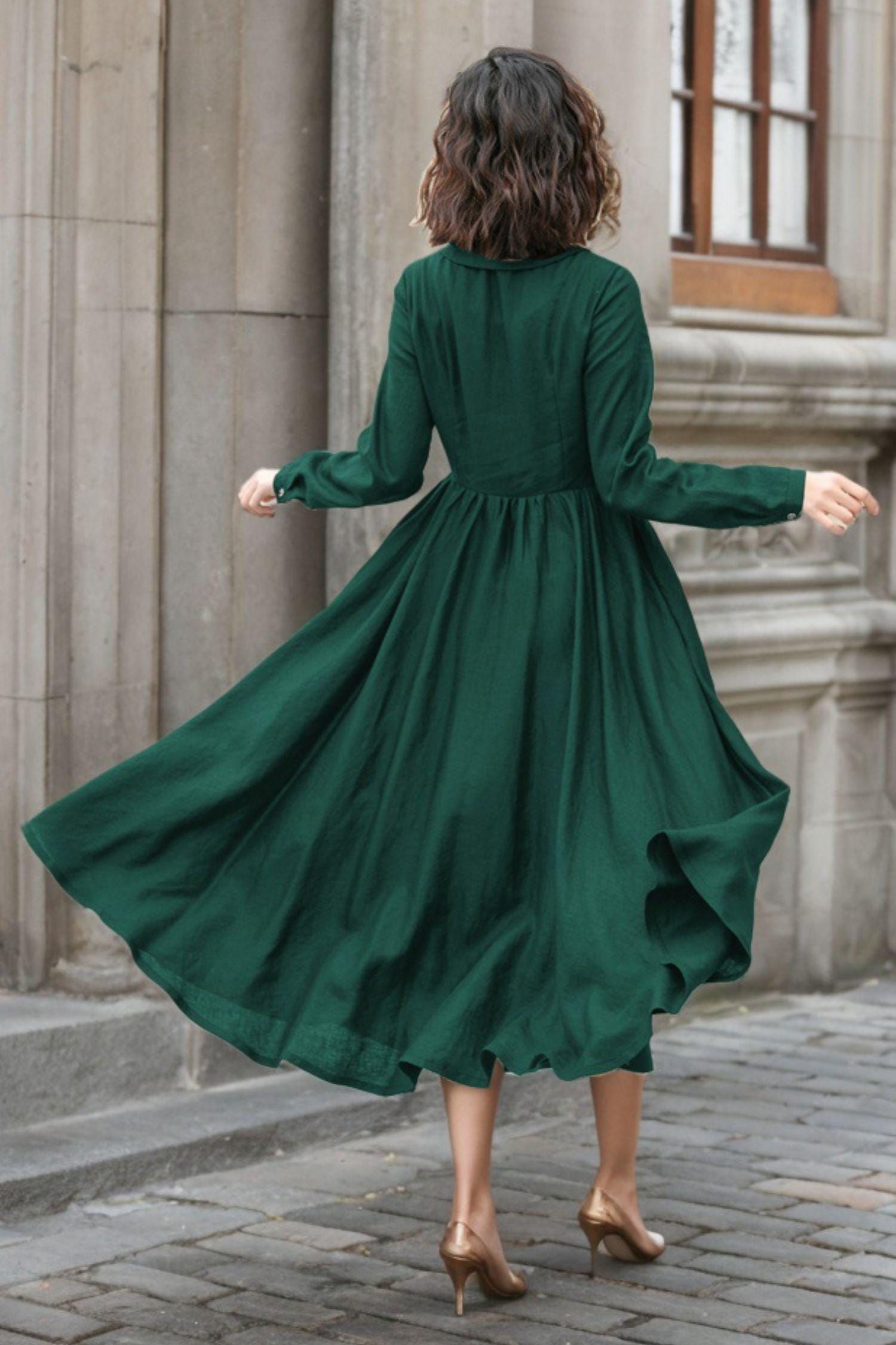 Green shirt linen Dress, Midi Dress women, Swing linen Dress, Button up Pleated Dress, Spring linen Dress, Custom Dress, Xiaolizi 5750 Green shirt linen Dress, Midi Dress women, Swing linen Dress, Button up Pleated Dress, Spring linen Dress, Custom Dress, Xiaolizi 5750