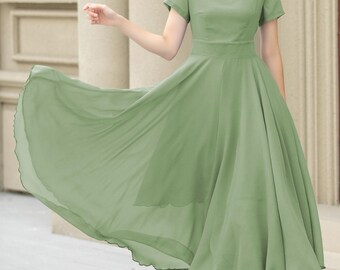 Sage Green Chiffon Midi Dress, Women Summer Flowy Swing Dress, Fit and  Flare Dress, Bridesmaid Dress, Custom Dress, Xiaolizi 6035 - Etsy