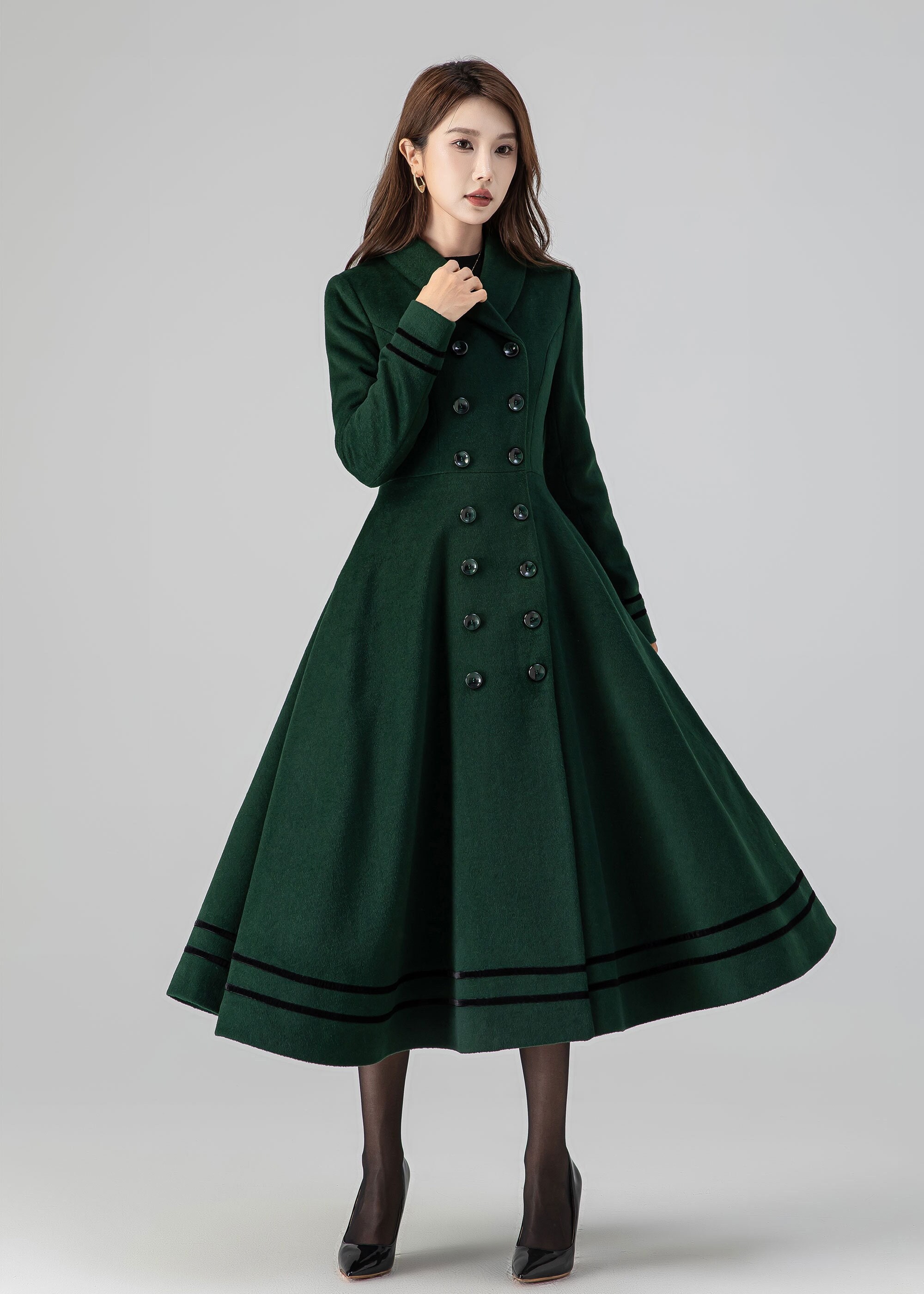 Dark Green Swing Wool Coat, Vintage Inspired Princess Coat